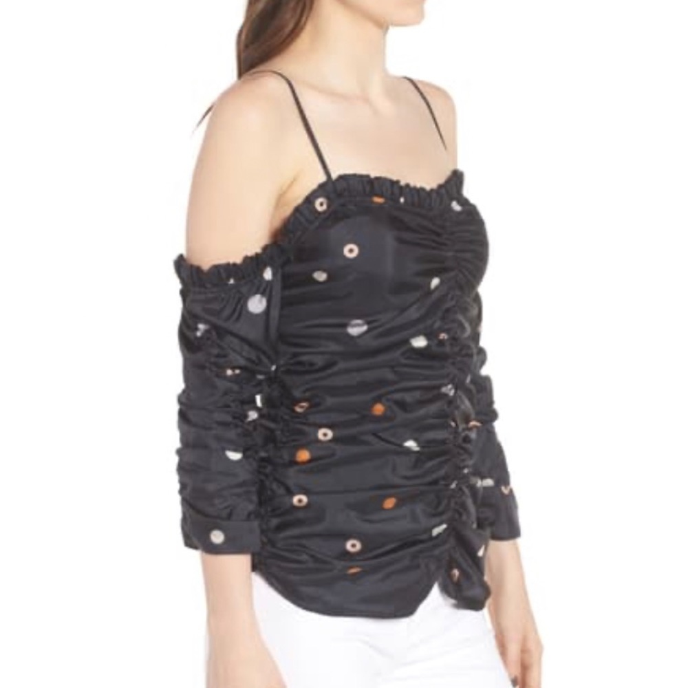 Chelsea28 Dot Print Ruffle Ruched Off Shoulder Top - Picture 2 of 9